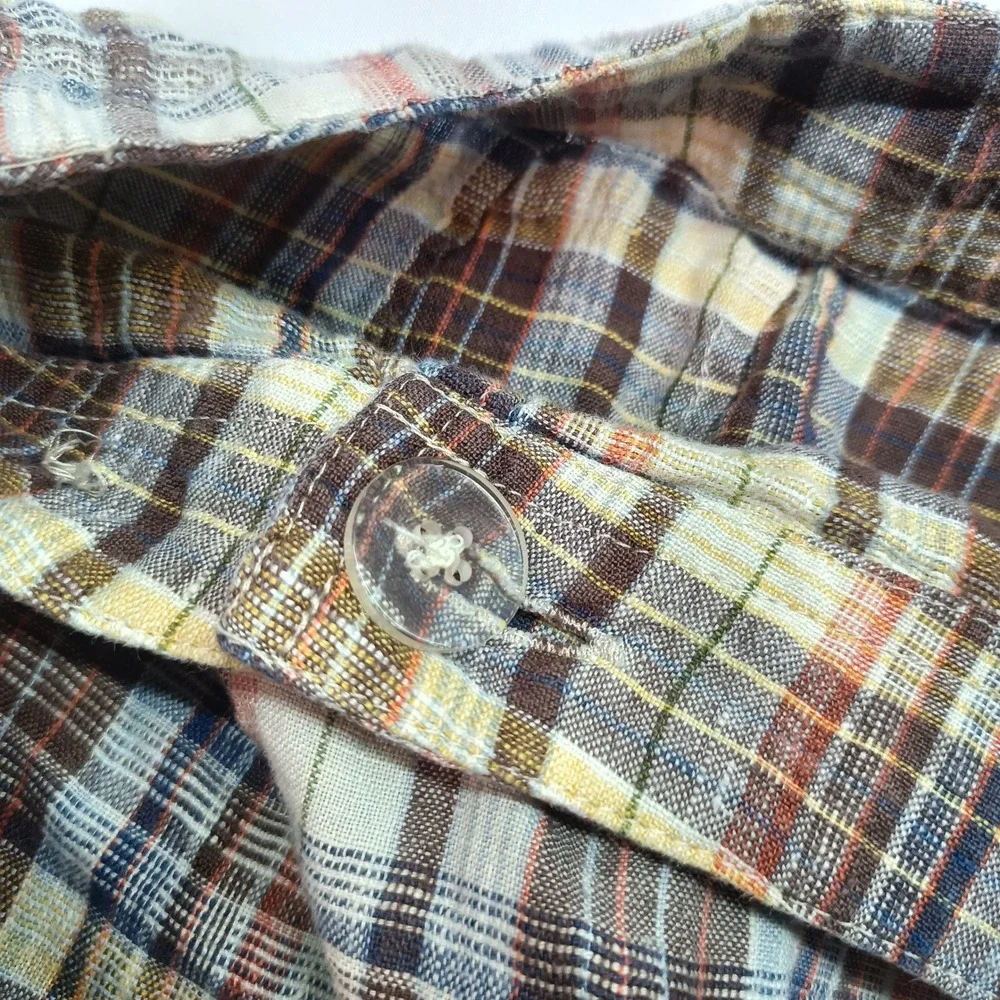 Eddie Bauer Women 4P Petite Plaid Linen Wrap Midi Skirt Brown Orange Blue Casual
